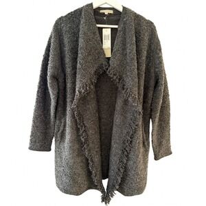 Joan Vass Studio Womens M Heather Graphite Wool Blend Fringe Boucle Cardigan NEW